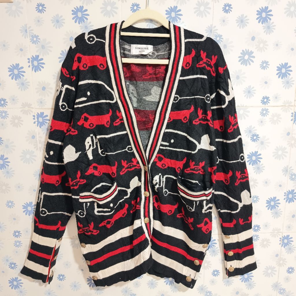 (Harga 350rb) Thom Browne Vintage Cardigan Full Motif Karakter Mewah Gold Button Kancing Emas Inara 