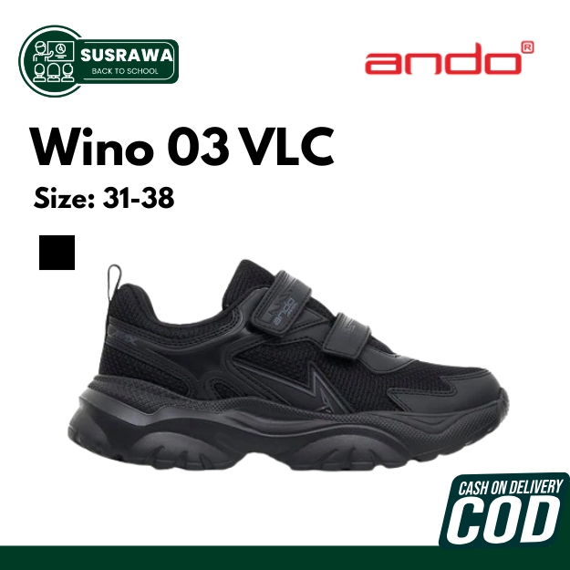 Ando Wino 03 V Sepatu Sekolah Remaja - Sneakers Hitam Full Black Velcro Perekat - Sepatu Anak SMP SM