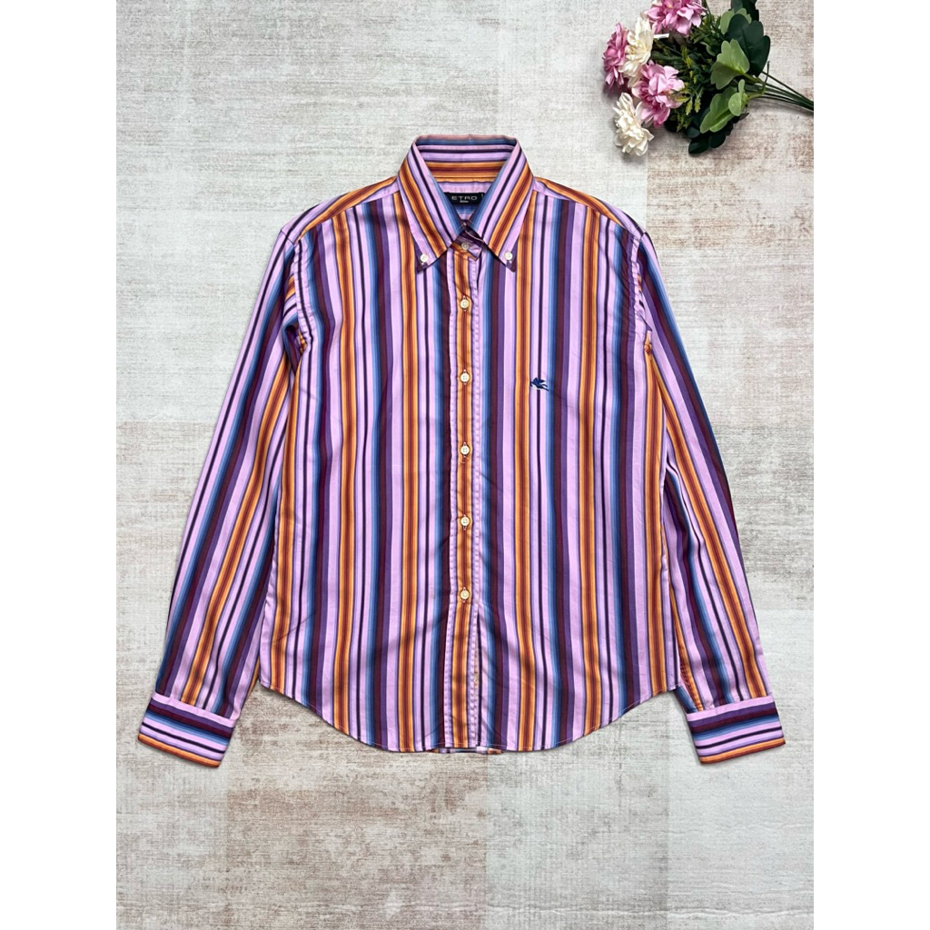Vintage 90s ETRO Milano Multicolor Stripe Shirt Luxury Italian Designer