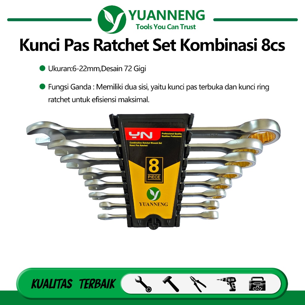 Yuanneng Kunci Ring Pas Rachet Set 6-22mm Kombinasi Kunci Ratchet Set 8PCS Kunci Ring Spanner Wrench