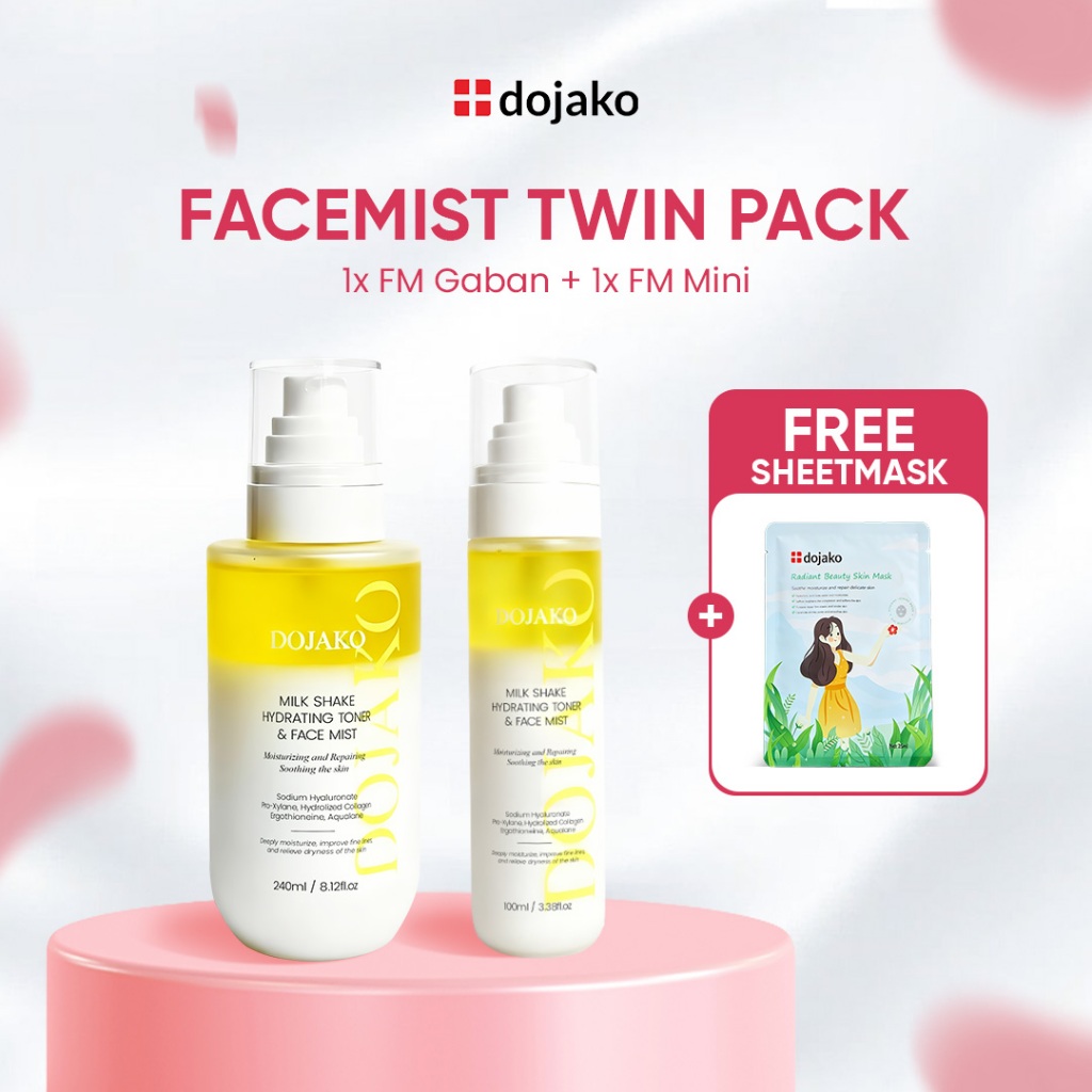 DOJAKO Face Mist Twin Pack 240ml + 100ml Hydrating Toner Milk Shake Melembapkan Wajah Setting Spray 