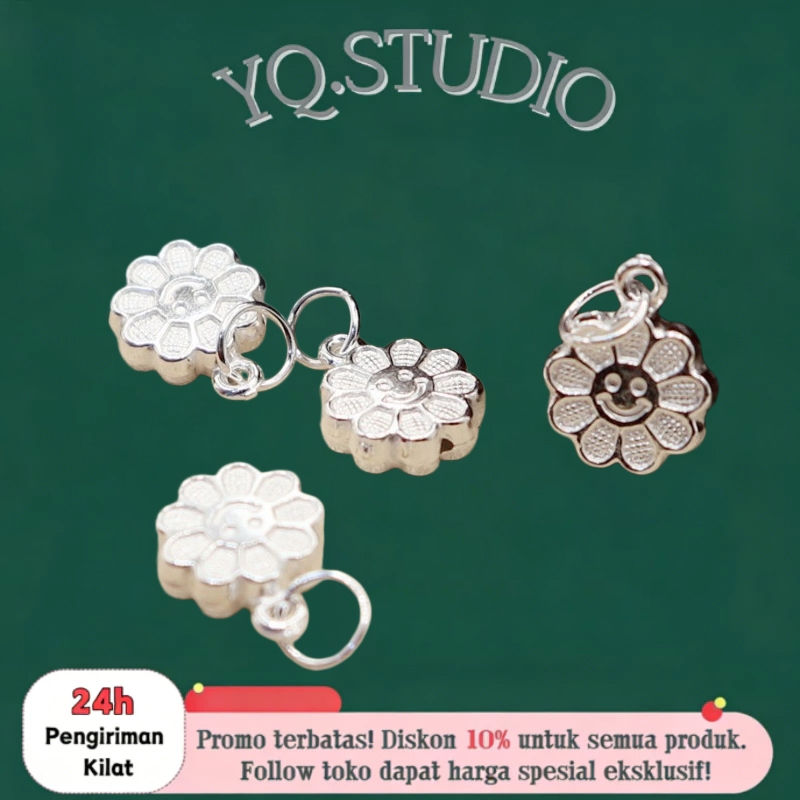 LOVE WHEEL | Liontin Bunga Matahari dengan Motif Senyum - Perak Murni S990, Aksesori DIY & Grosir