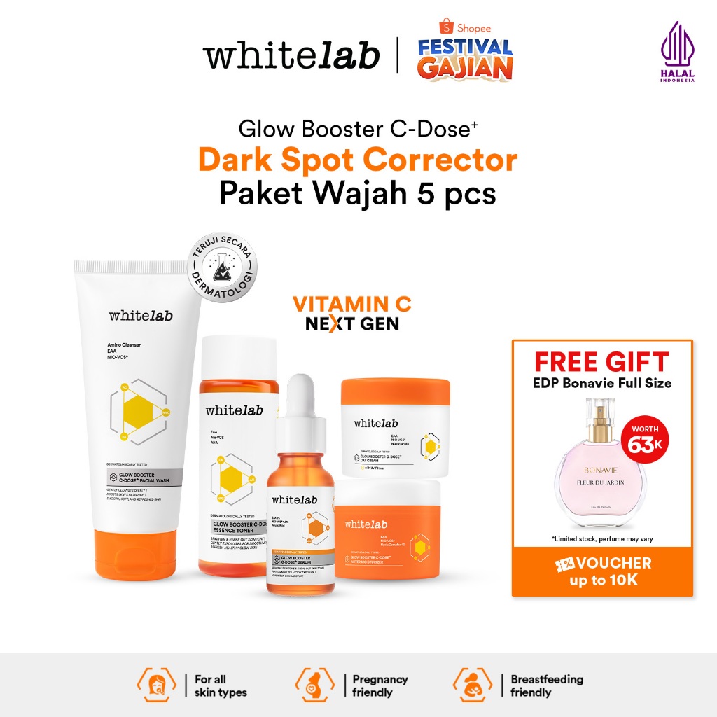 Whitelab 5 pcs Glow Booster C-Dose+ Brightening Paket Wajah - Facial Wash, Toner, Serum, with Day Cr