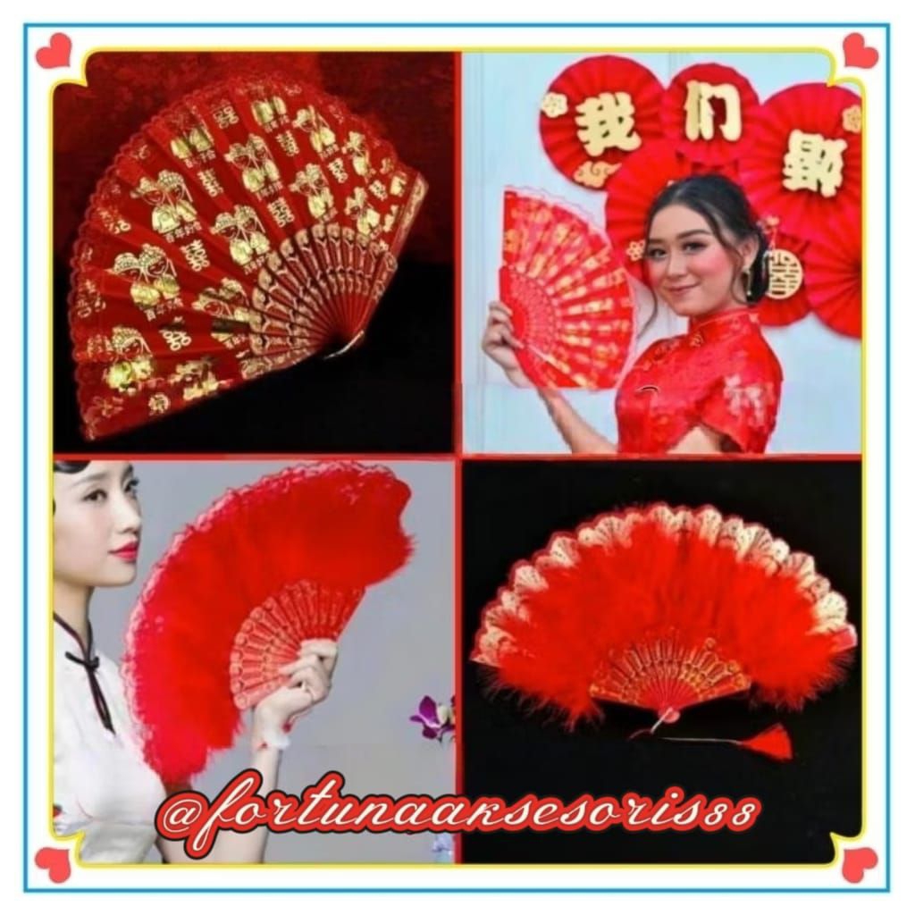 (1PCS)NEWKIPAS WEDDING SHUANG XI / KIPAS MERAH PENGANTIN / KIPAS SANG JIT IMPORT / KIPAS BULU MERAH 