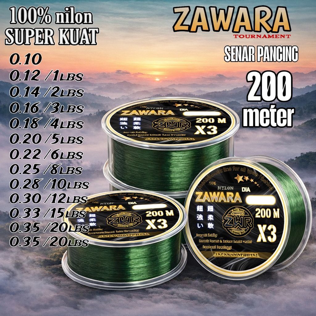 Senar pancing Zawara 200 meter hijau lumut anti keriting
