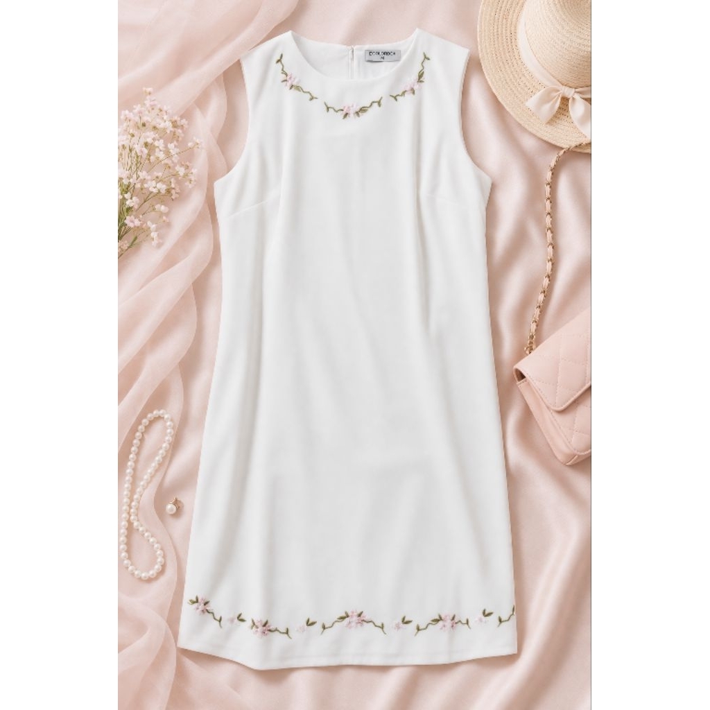 NEW dress wanita feminin putih flower colorbox / dress putih wanita lengan buntung feminin colorbox