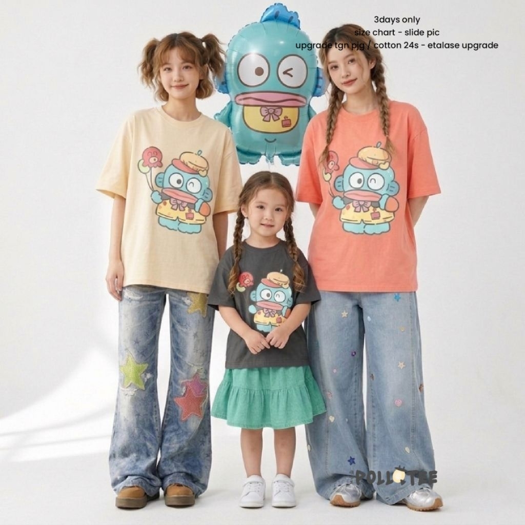 Kaos Oversize set keluarga hangyodon Motif Kartun Korea Lucu Warna Pastel Cotton 30s 24s 20s Lembut 