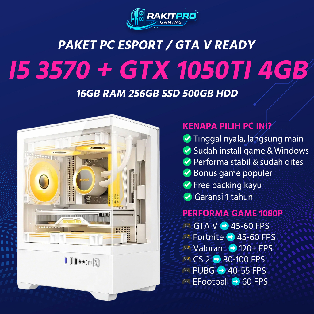PC Gaming i5 3570 GTX 1050 Ti 4GB RAM 16GB SSD 256GB HDD 500GB 1TB Siap Pakai Esport GTA V 1080p Lan