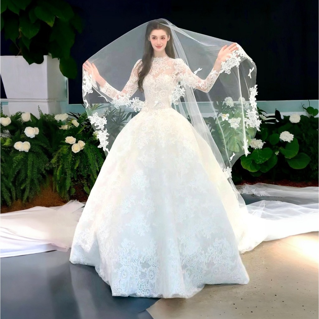 Women Elegan Lace Gaun Pengantin Lengan Panjang Ekor Panjang
