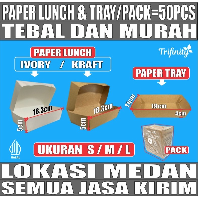 Paper Lunch Box Food Tray Siap Pakai Tebal 28gr Kotak Makan Kertas S M L Putih Kraft Coklat Pack Med