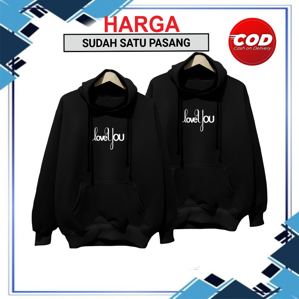 Hoodie Pasangan Pria Wanita Jaket Couple Warna Hitam Motif loveyouu Hodi Sweater Copelan Pasangan