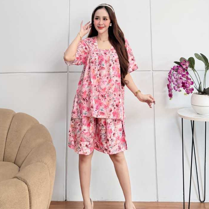 Setelan Rayon Jumbo Kulot Pendek  - Desain Kerut Dada Kekinian