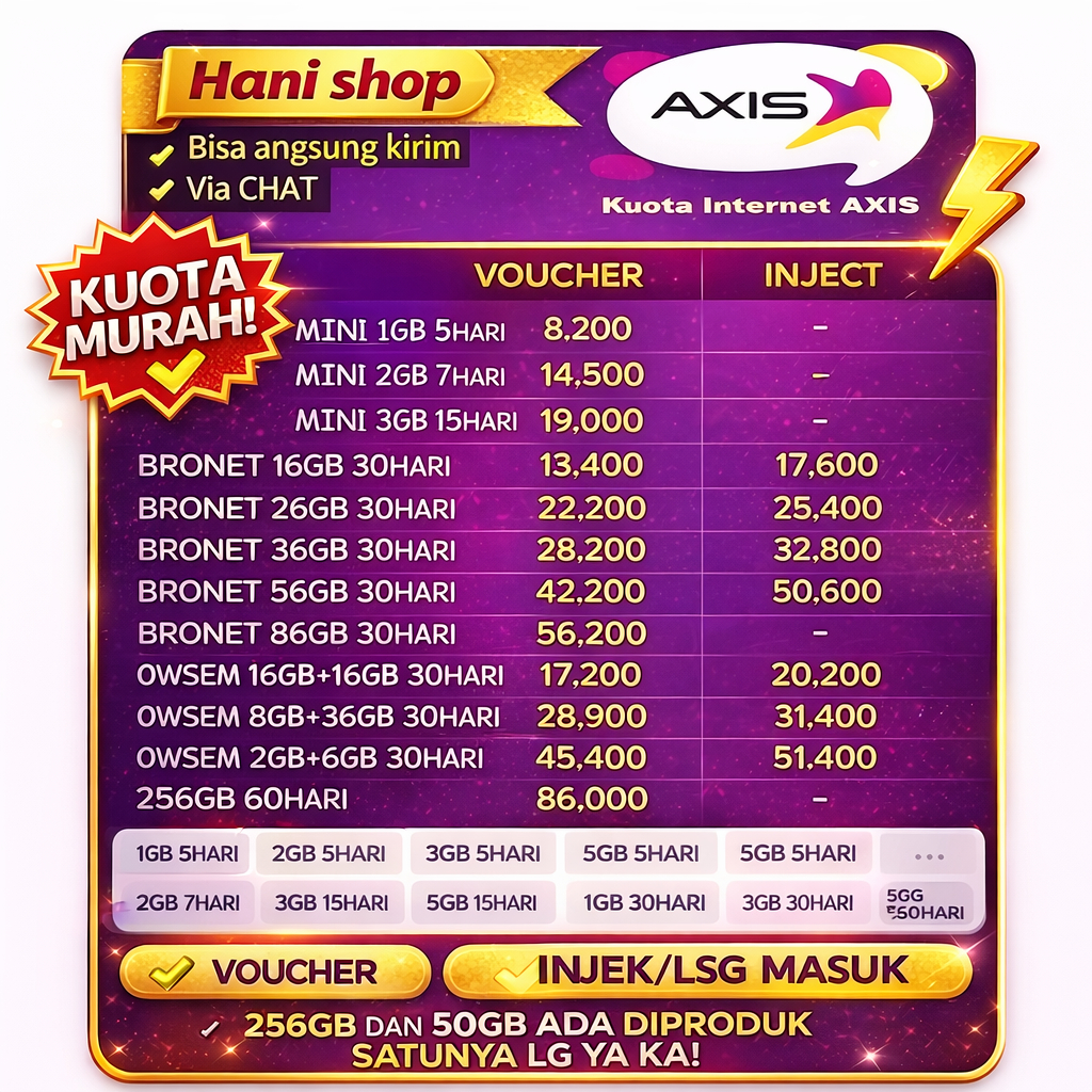 FAST RESPON MURAH PAKET DATA KUOTA VOUCHER MINI JUMBO AXIS AIGO BRONET OWSEM 1GB - 10GB 25GB 50GB