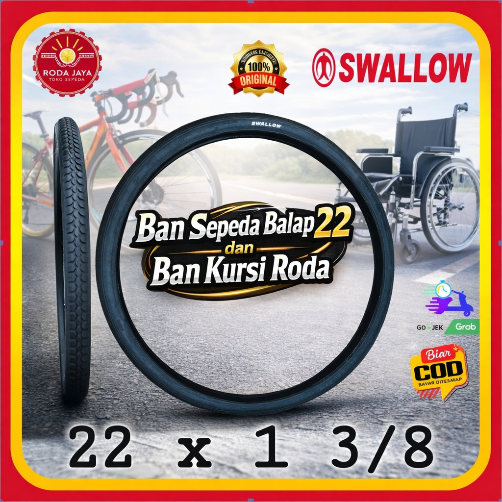 SWALLOW 22 x 1 3/8 Ban Luar Sepeda & Kursi Roda 22 Original – Tapak Semi Slick Diamond, Nylon Kuat, 