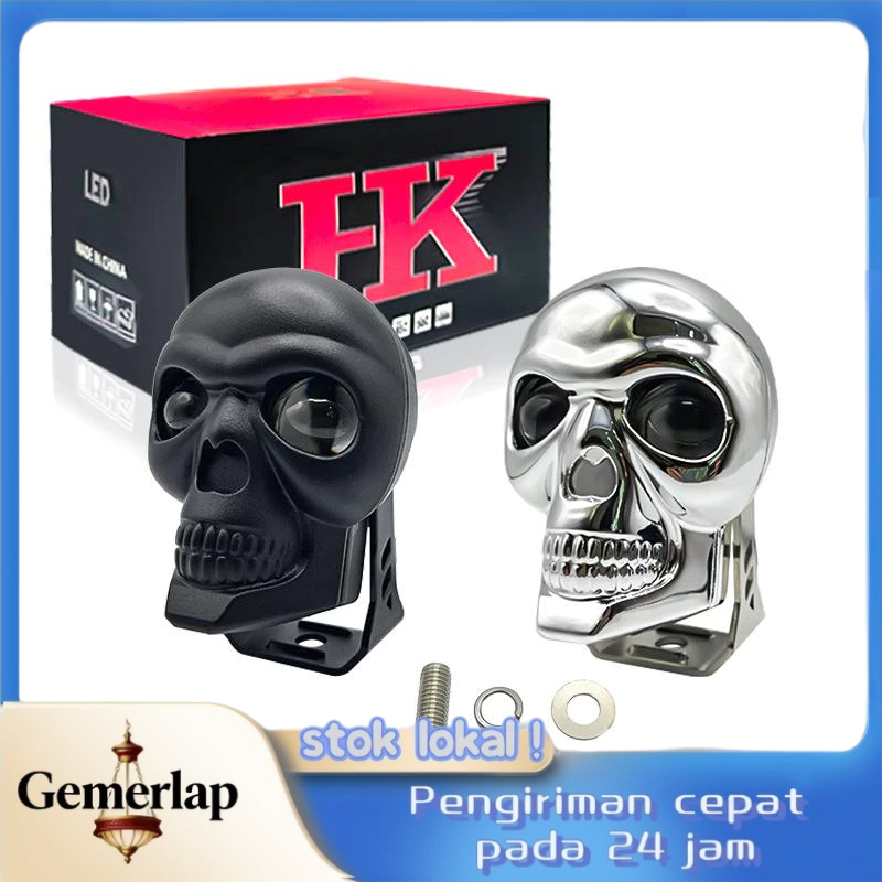 Lampu Depan Motor Tengkorak Plastik 18W Motorcycle Universal Berwarna-warni Lampu Strobo Amber-Putih