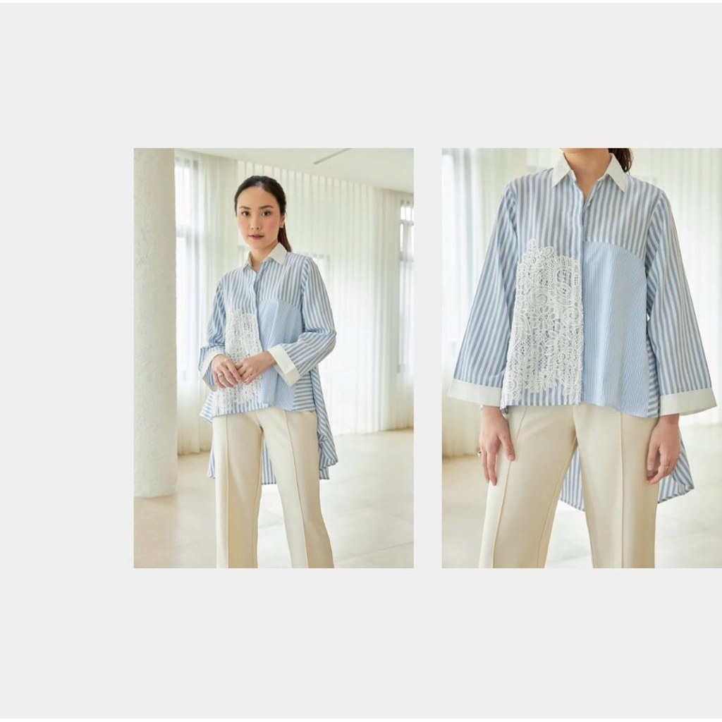 Studio Tui Blouse Baju Wanita Stripe Kerah Lace PL