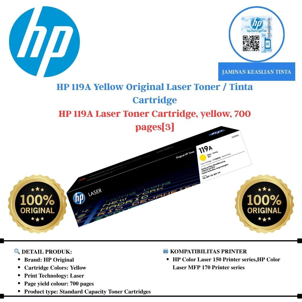 HP 119A Yellow Original Laser Toner / Tinta Cartridge - HP 119A Laser Toner Cartridge, yellow, 700 p