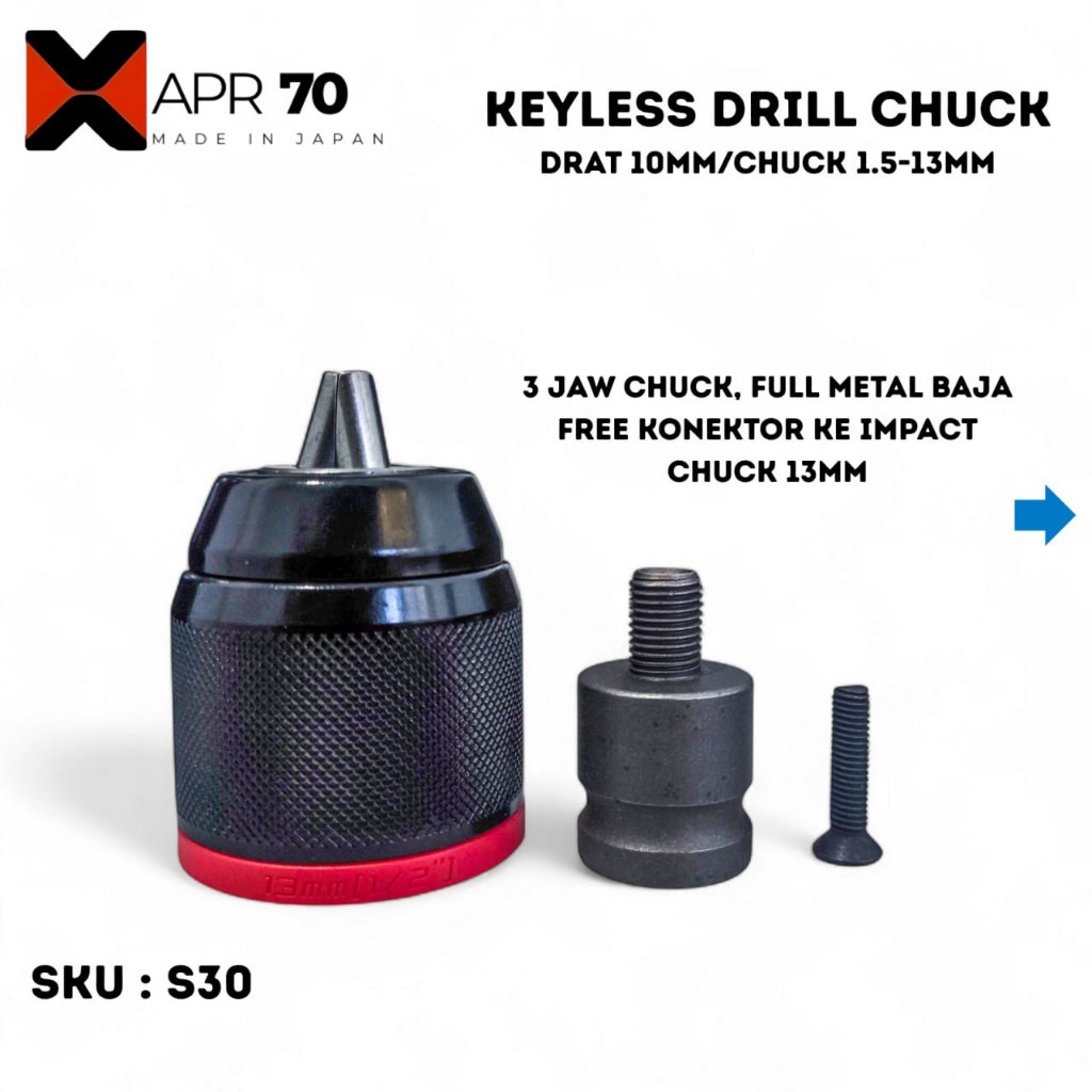 XAPR Original S30 Chuck Keyless 13mm Konektor Impact Wrench Drat 10mm Kepala Bor Tanpa Kunci Ori