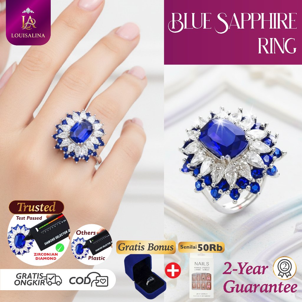 (FREE BOX) LOUISALINA Cincin Batu Blue Safir Anting Wanita Zirconia Premium Luxury Earrings Blue Saf