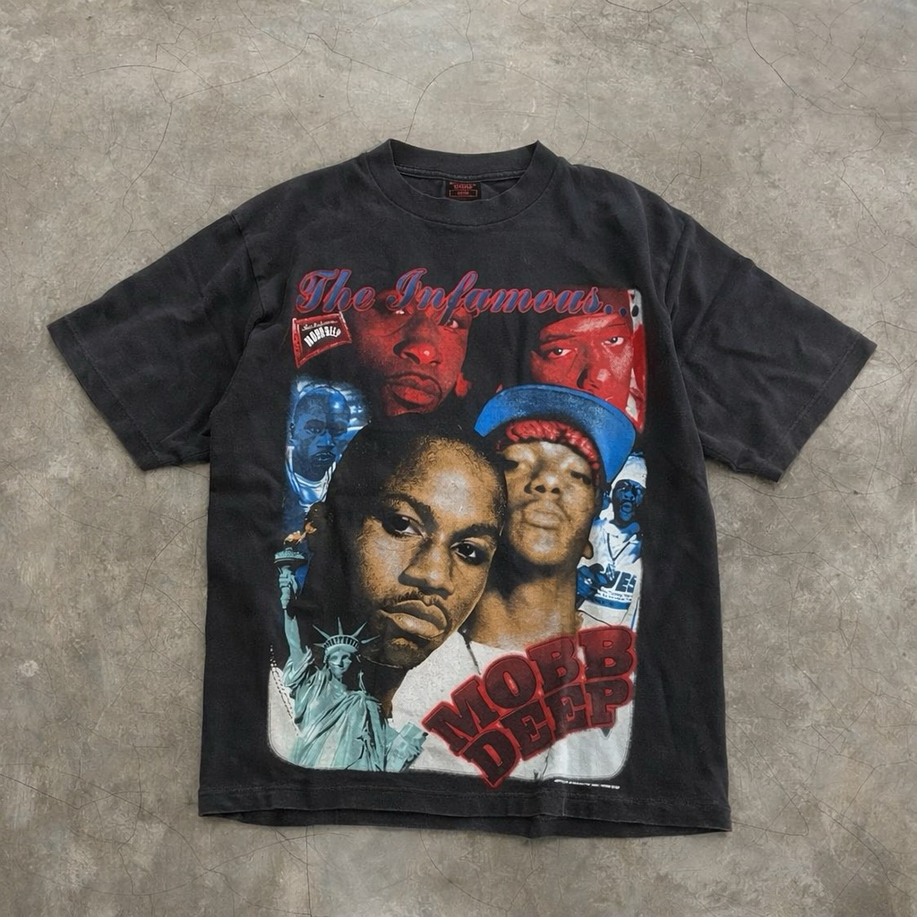 T-Shirt / Tees Bootleg GINSENG STRIPS Mobb Deep Black Faded Colour | Kaos Mobb Deep Vintage Rap Tee 