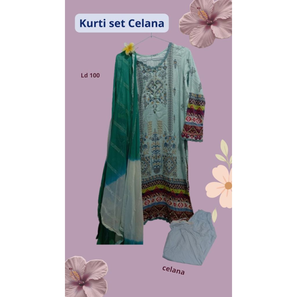 Kurti long Set Celana + Dupata