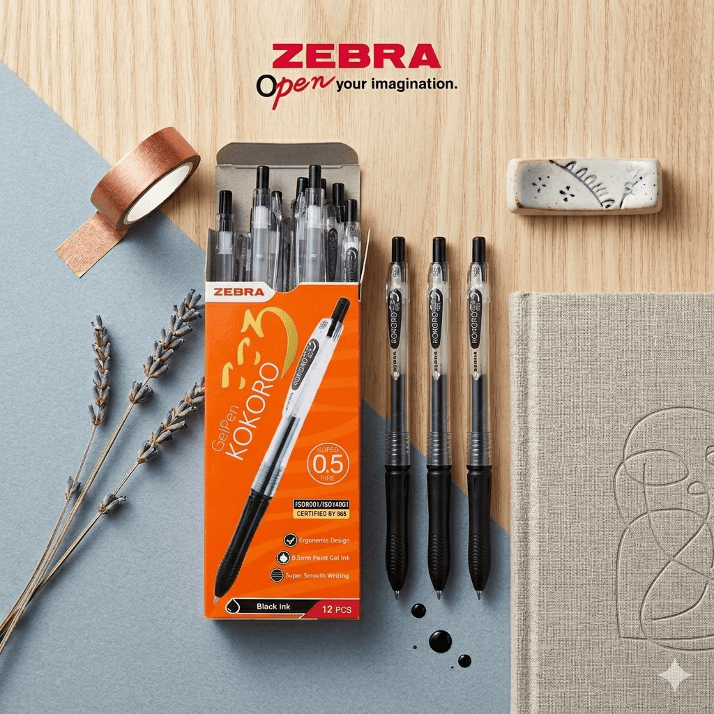 [INSTANT LANGSUNG KIRIM] ZEBRA Kokoro Pulpen Gel 12 Pcs 0.5mm Retractable Gel Pen Tinta Warna Hitam 