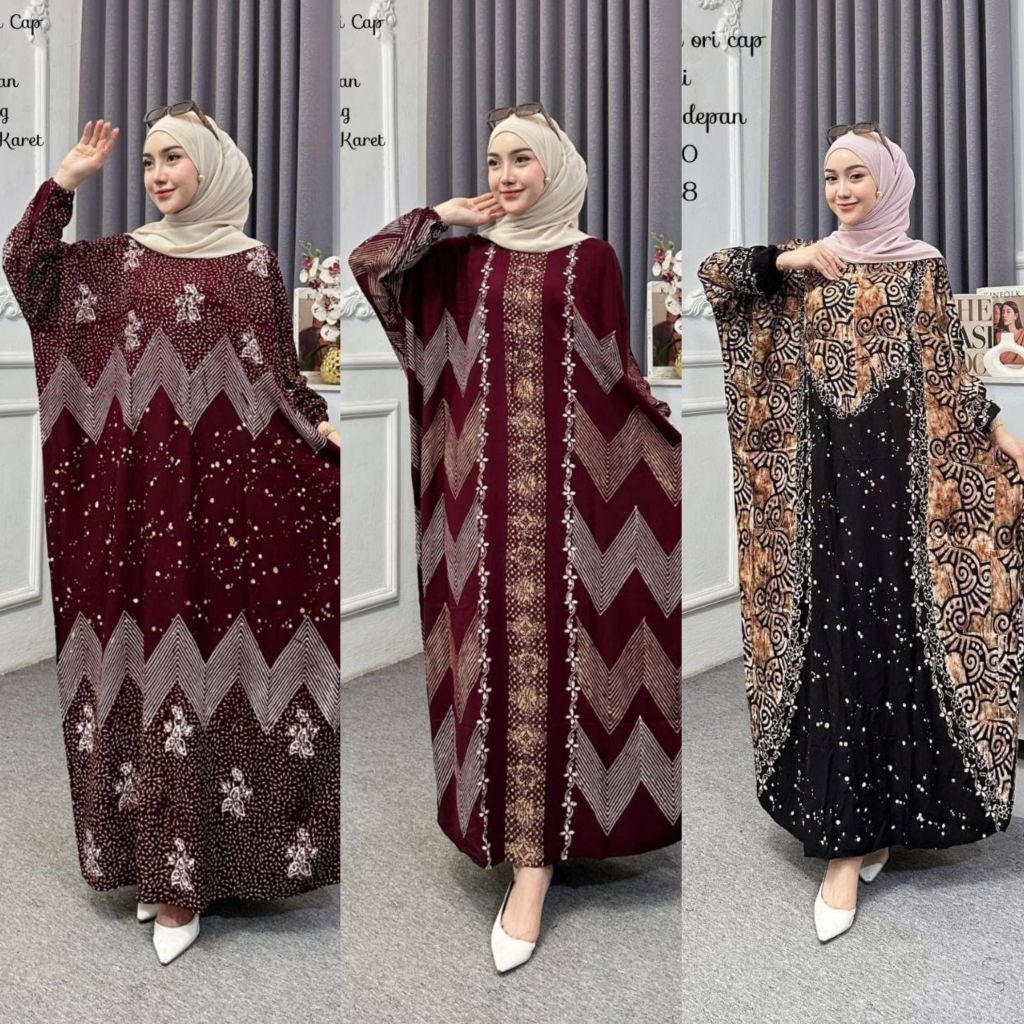 Kaftan twill jumbo busui kerah oblong lengan panjang karet baju kelelawar dewasa