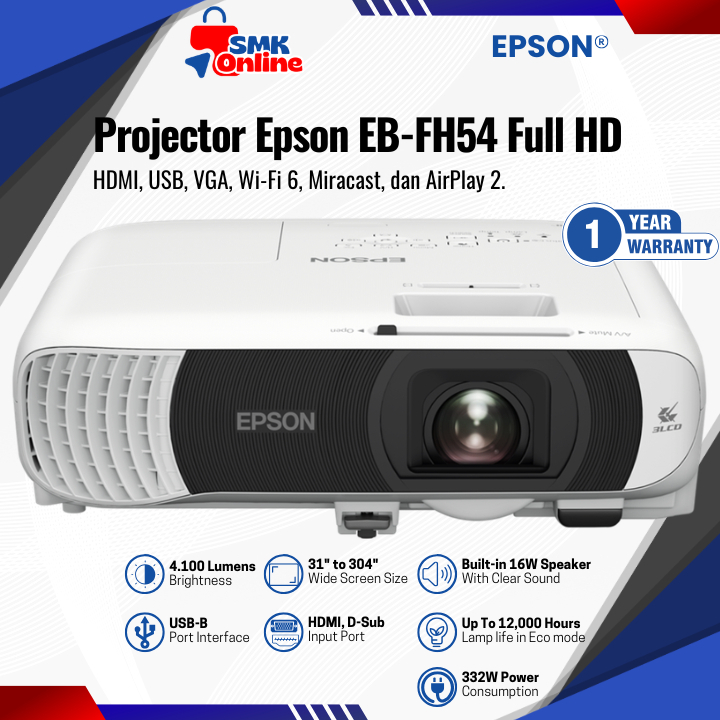 Proyektor EPSON EB-FH54 EB FH54 EBFH54 WiFi Direct Wireless 4.100 Lumens Full HD 3LCD Projector Peng