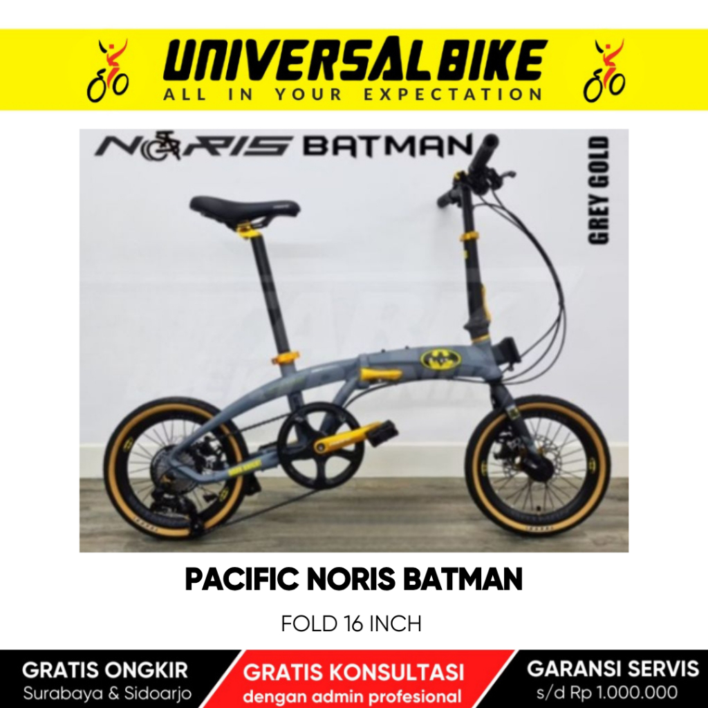 Sepeda Lipat Pacific Noris Batman 16 Inch Fold Bike Ring 16 Grey Gold Stylish