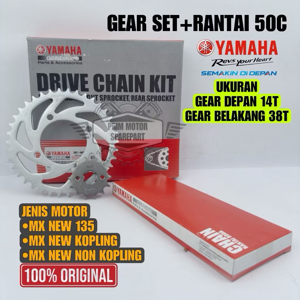 GEAR SET ORIGINAL YAMAHA + RANTAI 50C YAMAHA MX NEW, MX NEW KOPLING , MX NEW NON KOPLING KUALITAS TE