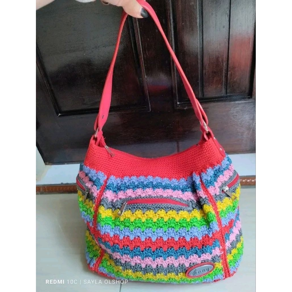Tas Hobo bahan rajut tali handle bahan kulit
