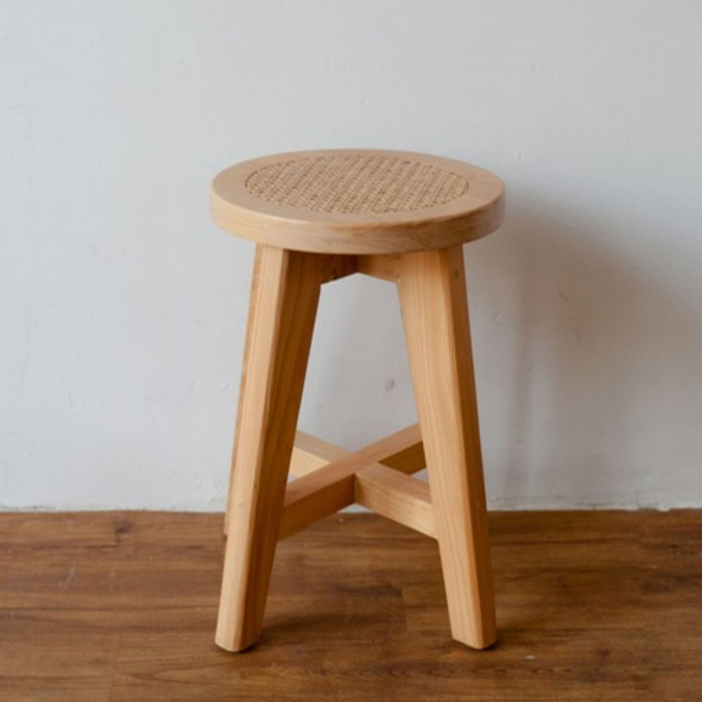 Uwitan Harumi Stool - Kursi Bangku Unik Minimalis Aesthetic Japandi BulatAksen Anyaman Rotan Webbing