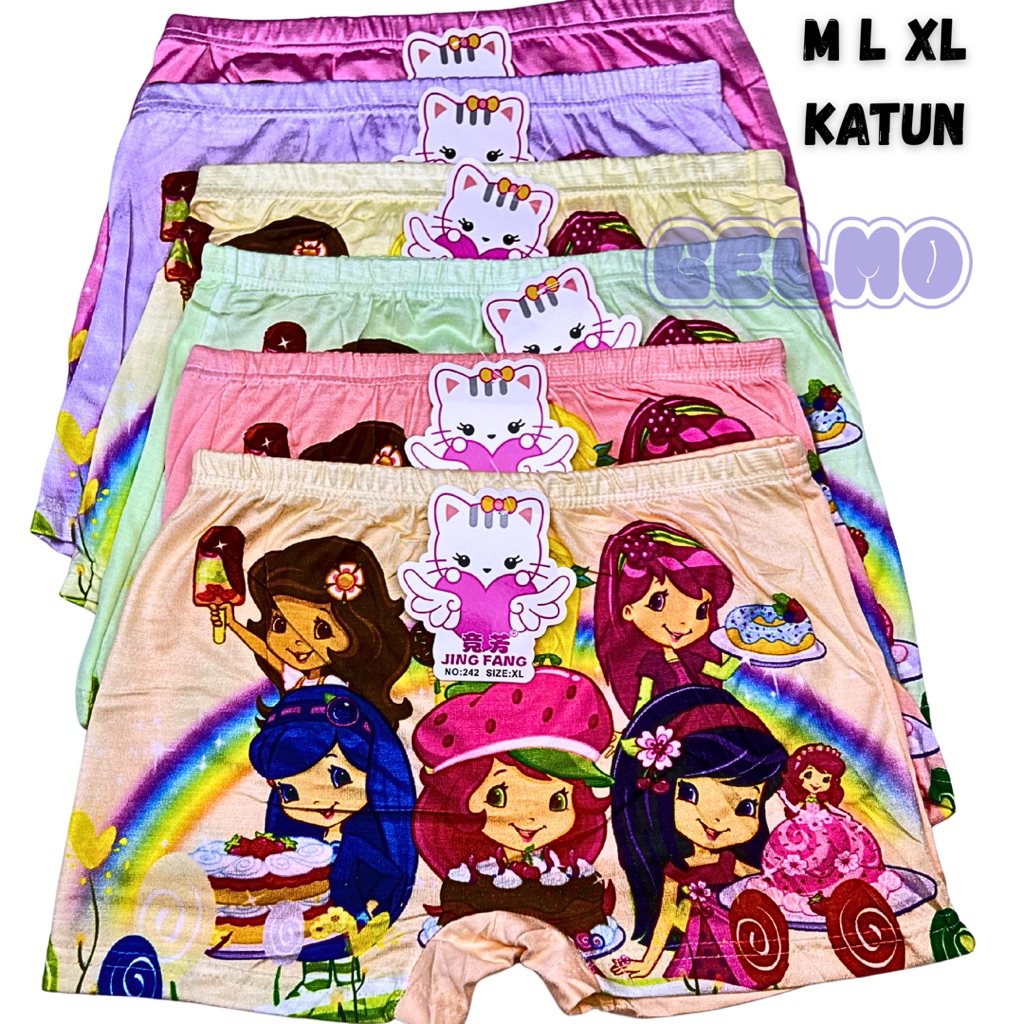 Celana dalam Boxer anak perempuan cewek katun nyaman adem isi 3/6 motif sablon size M L XL bonita