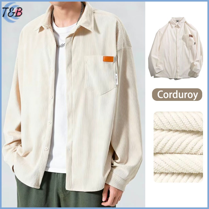 Kemeja Corduroy Pria Korean Style Outer Lengan Panjang Polos Cream Kasual Kemeja Corduroy