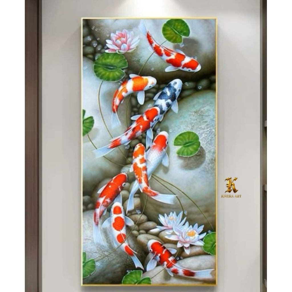 Lukisan Dinding 9Ikan Koi Fengshui & Bunga Teratai – Nuansa Tenang & Mewah