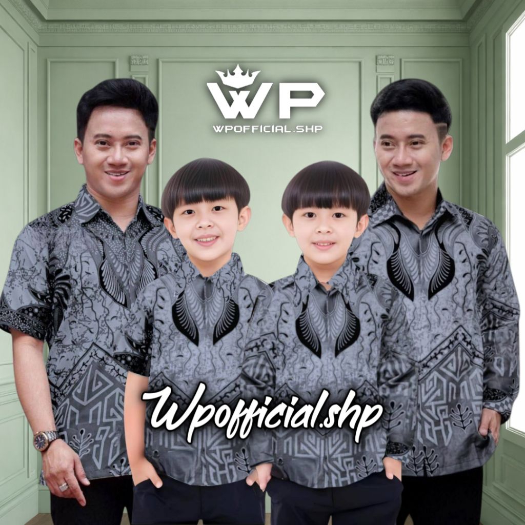 Couple batik pria dewasa dan anak laki-laki dasi abu || couple batik pria warna abu ||  kemeja batik