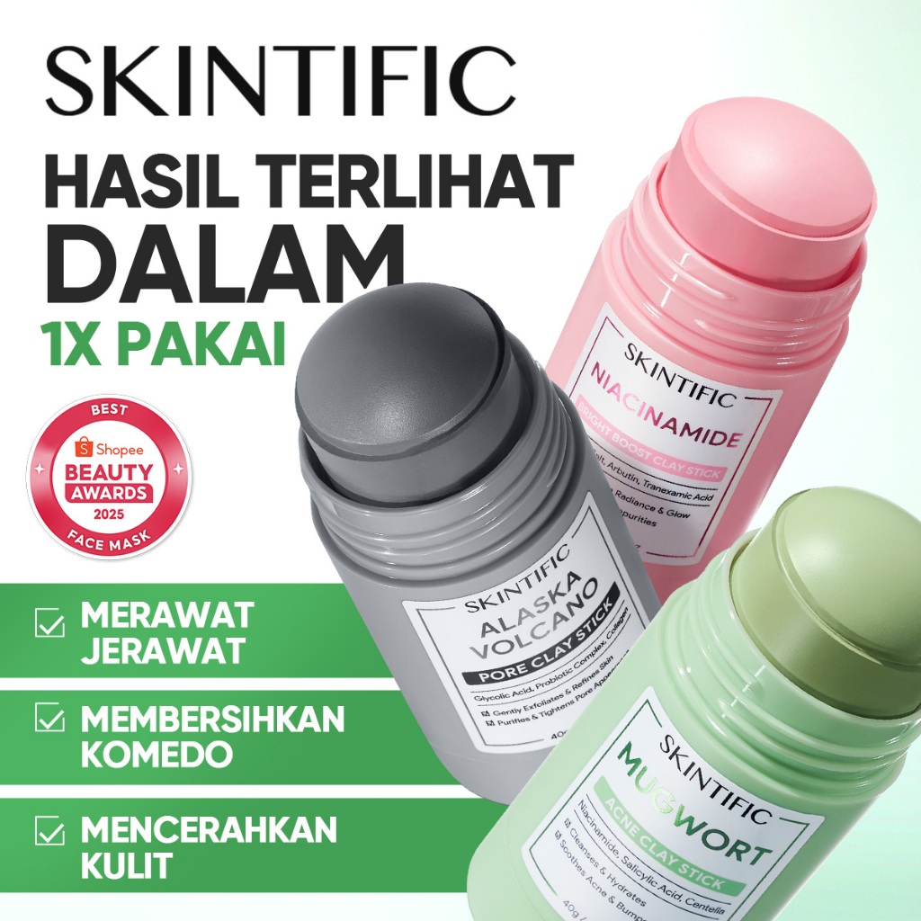 SKINTIFIC   Clay Mask Stick  Series /MaskerJerawat&Masker Komedo/Mugwort Acne  + Niacinamide+Alaska 