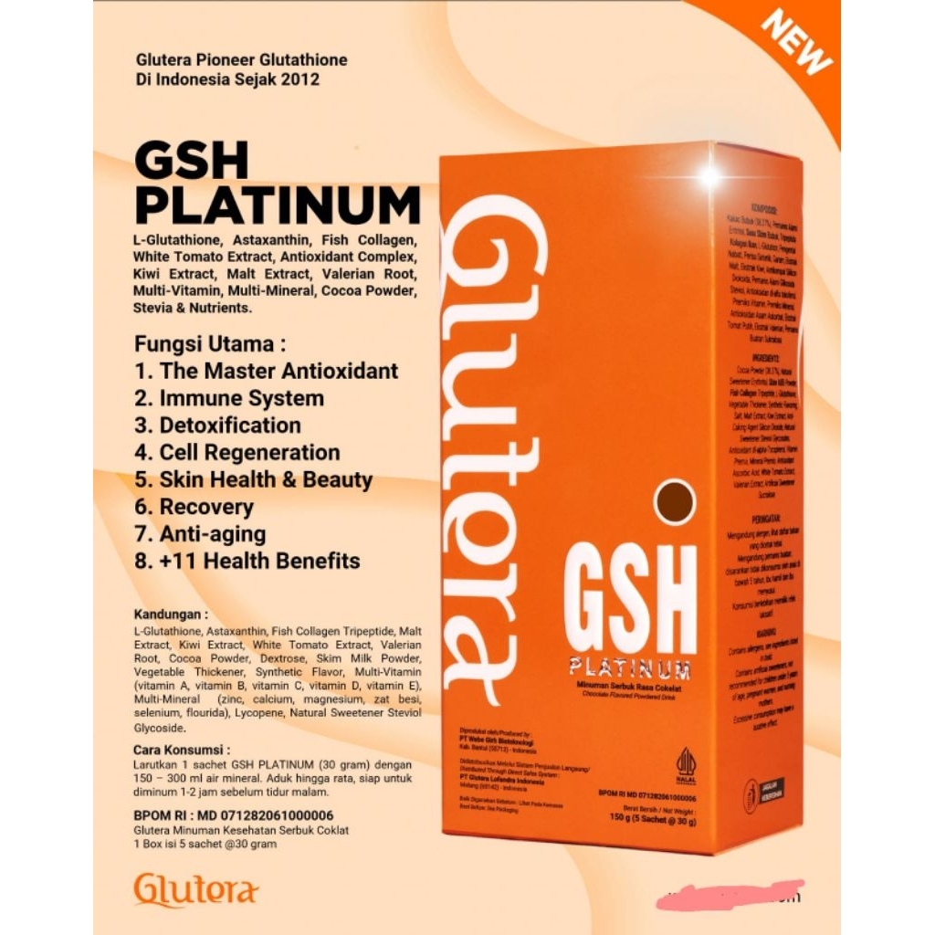 GLUTERA GSH PLATINUM NEW GLUTATHIONE DAN COLLAGEN 5 Sashet @30gr