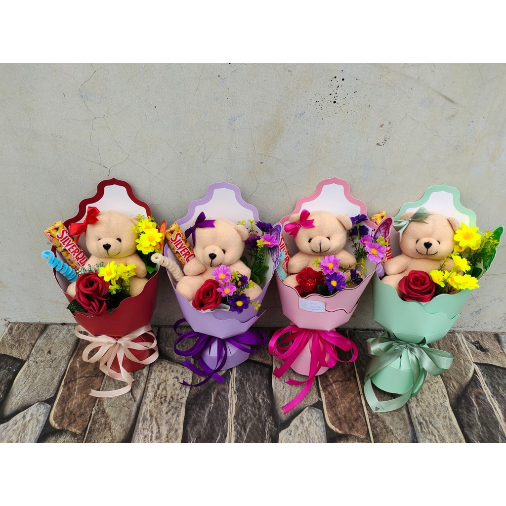 Buket Bunga dan boneka aesthetic tipe alya / buket boneka dan cokelat / buket bunga dan boneka / buk