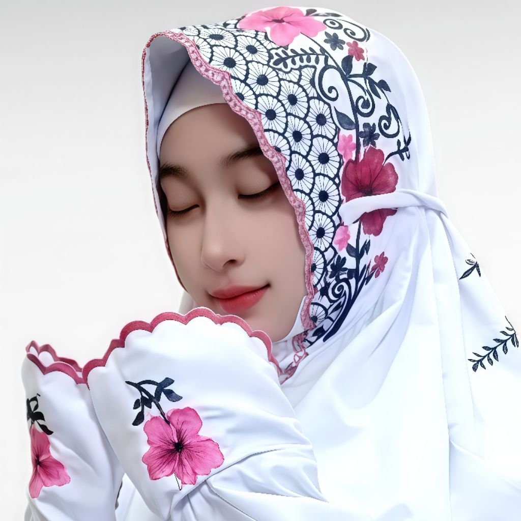 Mukena Terusan Bordir Bunga Sepatu | Katun Mikro Premium | Elegan & Mewah untuk Ibadah