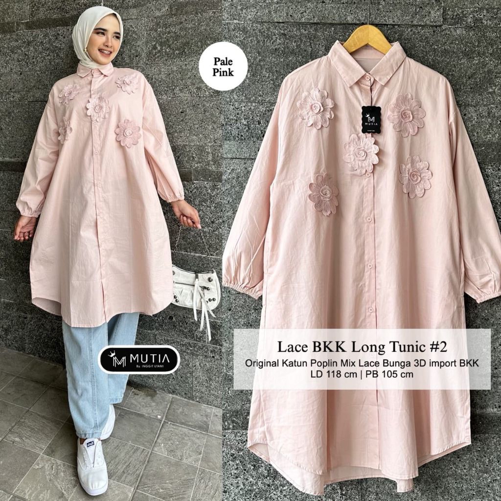 Lace BKK Long Tunik /Tunik Wanita Katun Poplin dengan bunga Premium Quality