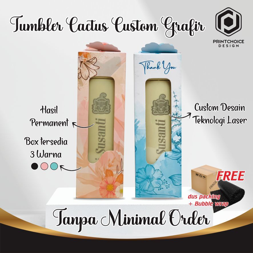 Botol Kaca Tumbler Kaktus Custom Grafir Nama Logo Perusahaan Satuan