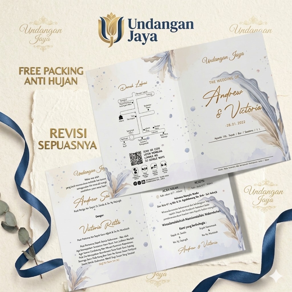 Premium Wedding Invitation Watercolor Blue Gold - Undangan Pernikahan Murah Tapi Mewah - Fast Respon