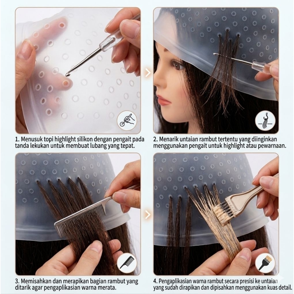 Topi Highlight Rambut Silicone Plus Jarum Hook Highlight Cap Alat Bleaching Rambut Barbershop Salon
