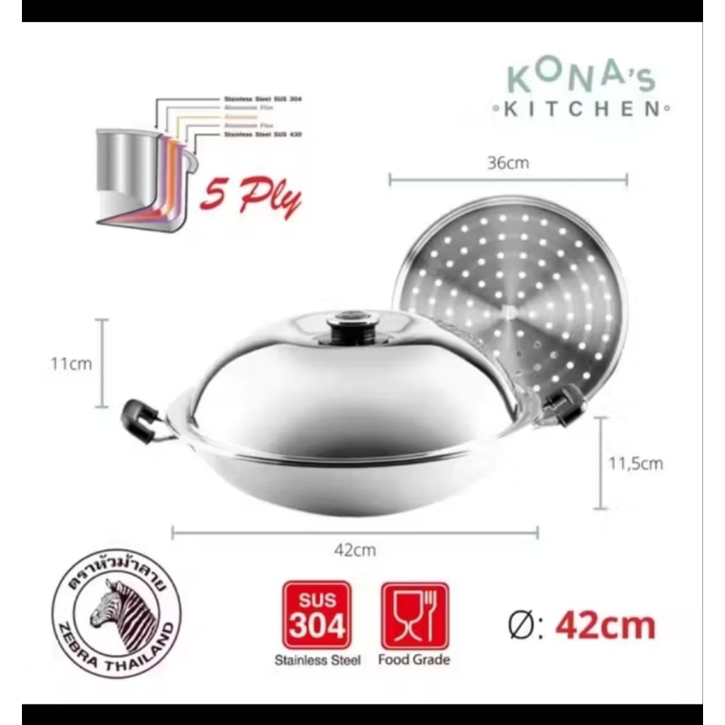 Zebra 176202 wajan 5 Play multifungsi Wok 42 Cm With Steaming