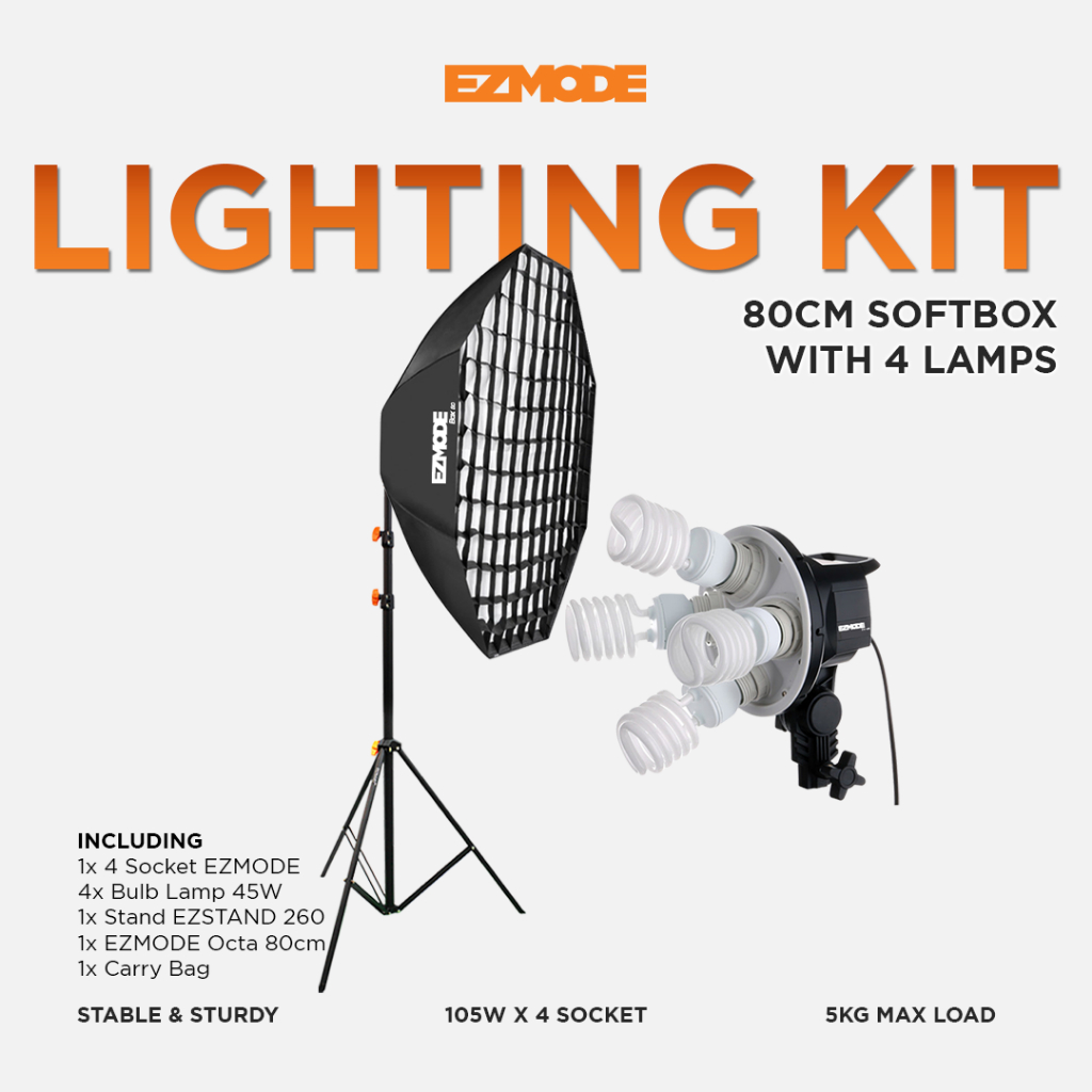EZMODE Studio Lighting Stand 4 Lamp + 4 Socket Octagon Softbox 80cm