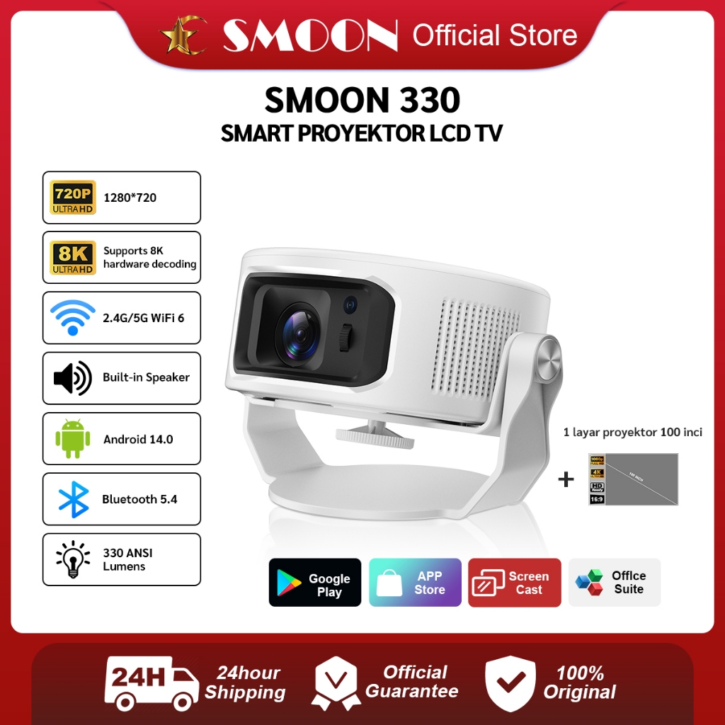 SMOON 330 Projector LCD TV - Proyektor Pintar - 330 ANSI Lumens - TV Android - Fokus Otomatis - Netf
