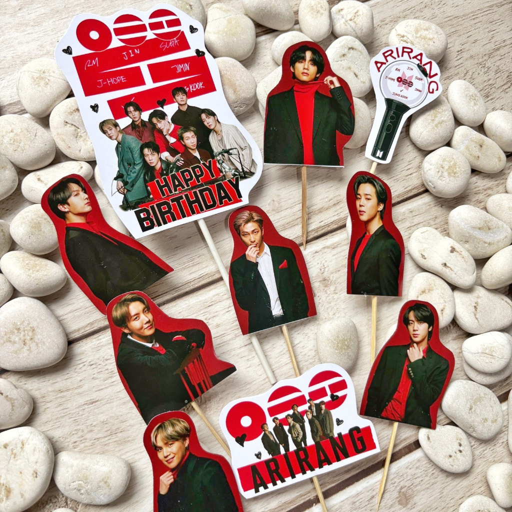 BTS Kpop Idol Korea Boy Band Birthday Cake Topper Cupcake Pudding Tumpeng Hampers Hiasan Kue Ulang T