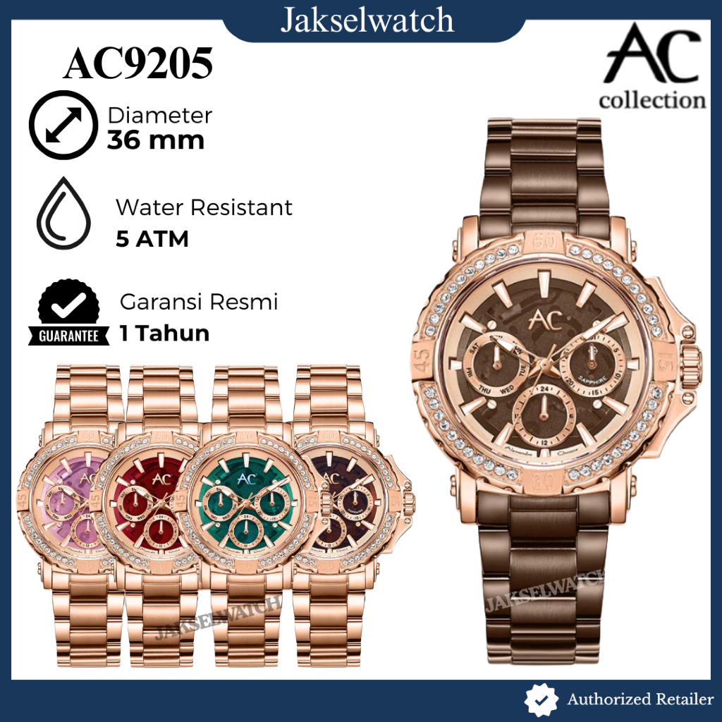 ORIGINAL Jam Tangan Wanita Alexandre Christie AC 9205 / AC9205 Analog Stainless Steel Strap Rantai