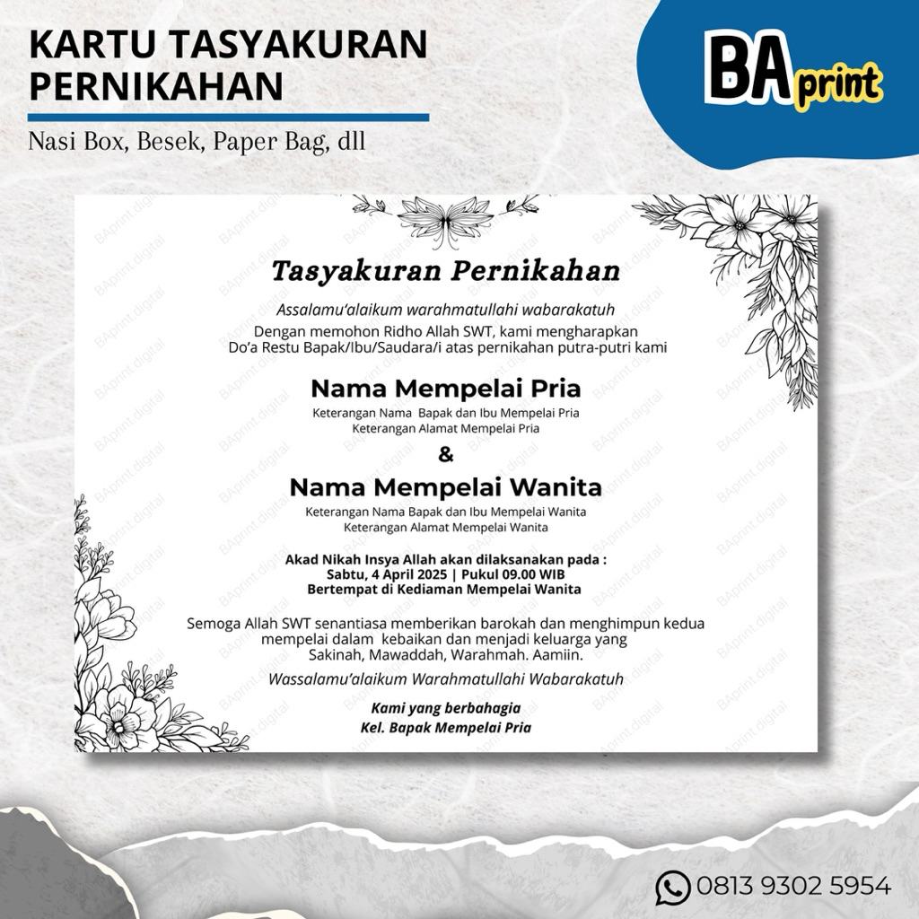 ucapan tasyakuran pernikahan, hantaran makanan Nasi box | besek | paper bag Warna HITAM PUTIH